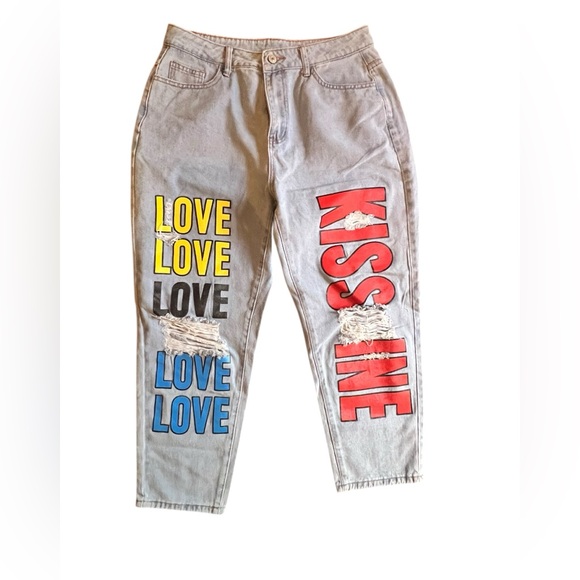 SHEIN Denim - SHEIN Gray Boyfriend Jeans with Red, Yellow, and Blue Accents
